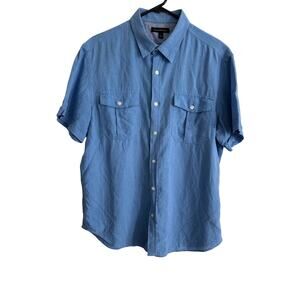 Banana Republic Mens L Blue Linen Cotton Blend Short Sleeve Button Up Shirt
